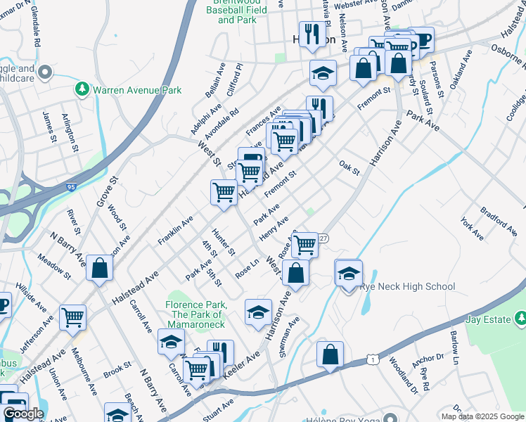 map of restaurants, bars, coffee shops, grocery stores, and more near 76 Thatcher Avenue in Harrison