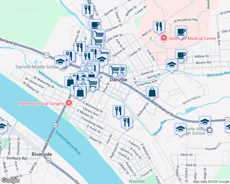 map of restaurants, bars, coffee shops, grocery stores, and more near 318 Lower Mulberry Street in Danville
