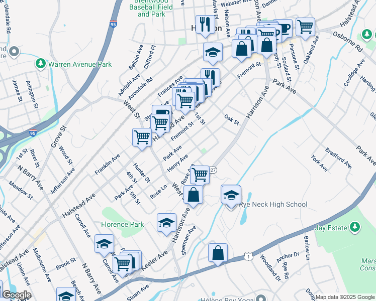 map of restaurants, bars, coffee shops, grocery stores, and more near 64A Henry Avenue in Harrison