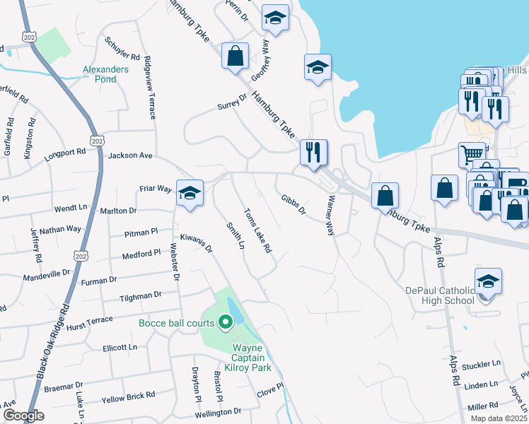 map of restaurants, bars, coffee shops, grocery stores, and more near 26 Dalewood Drive in Wayne