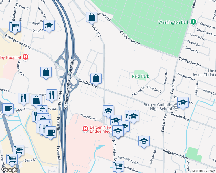map of restaurants, bars, coffee shops, grocery stores, and more near 243 Oradell Ave in Paramus