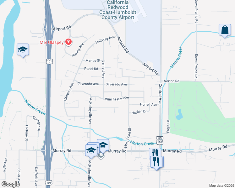 map of restaurants, bars, coffee shops, grocery stores, and more near 1322 Chaparrel Drive in McKinleyville