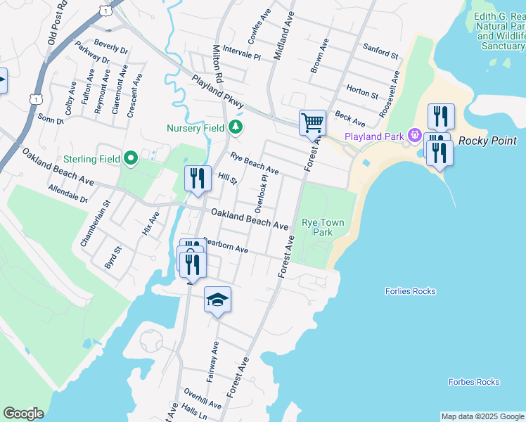 map of restaurants, bars, coffee shops, grocery stores, and more near 53 Overlook Place in Rye