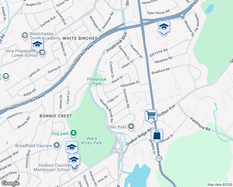map of restaurants, bars, coffee shops, grocery stores, and more near 25 Tulip Lane in New Rochelle