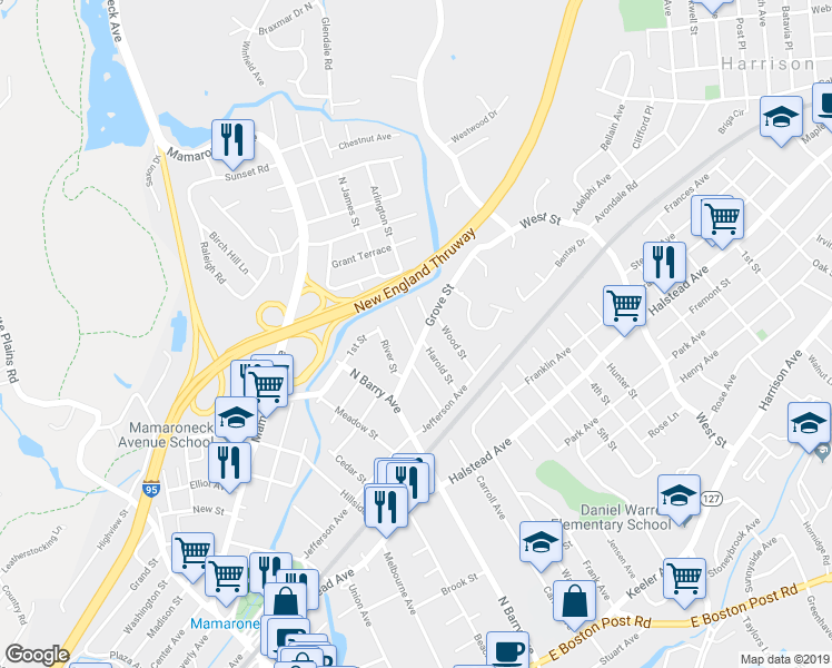 map of restaurants, bars, coffee shops, grocery stores, and more near 900 Grove Street in Mamaroneck