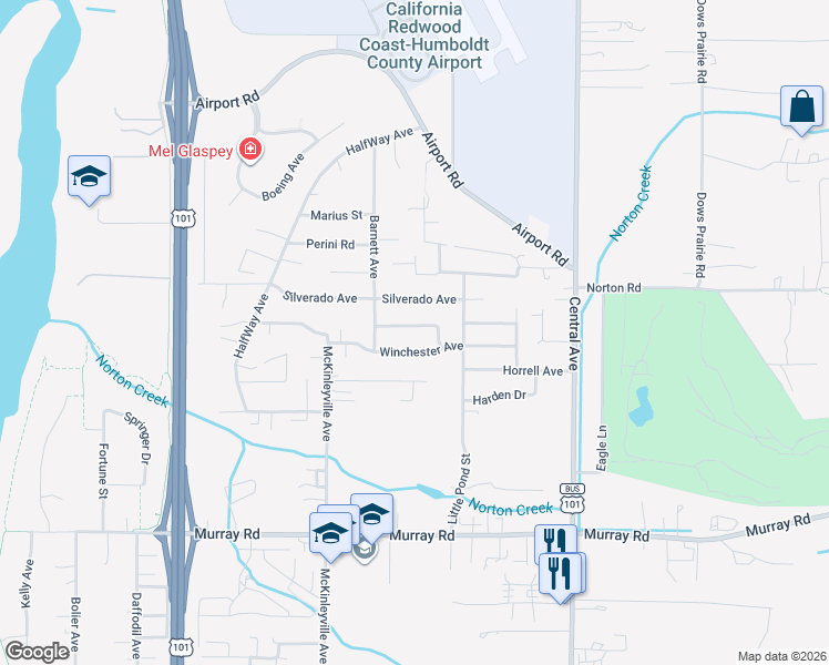 map of restaurants, bars, coffee shops, grocery stores, and more near 1322 Chaparrel Drive in McKinleyville