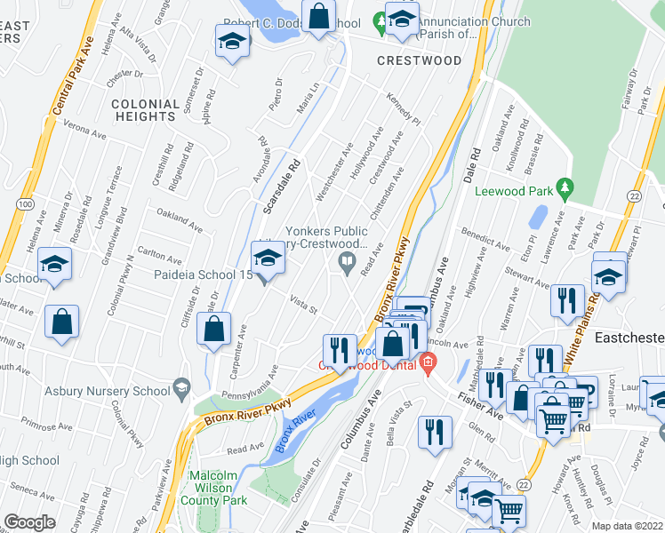 map of restaurants, bars, coffee shops, grocery stores, and more near 195 Pennsylvania Avenue in Yonkers