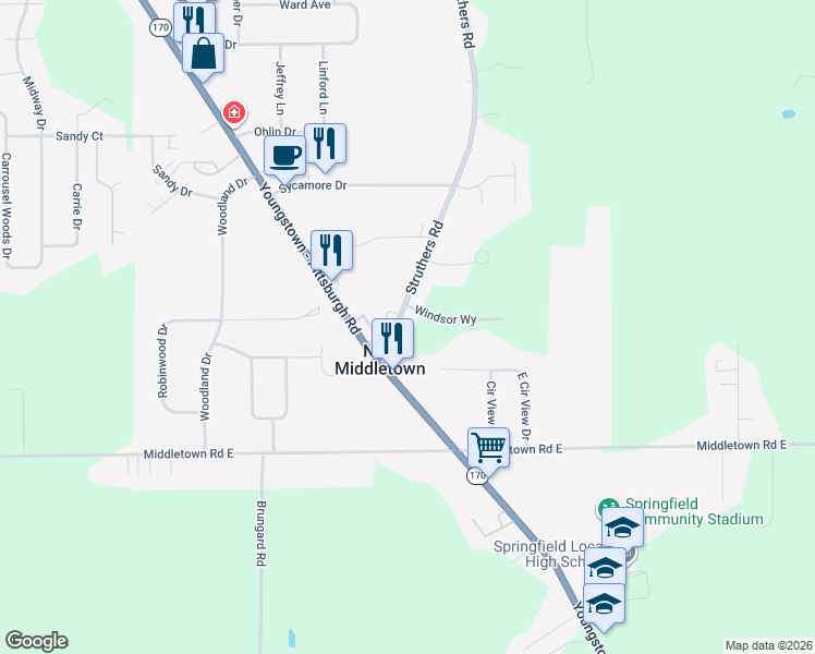 map of restaurants, bars, coffee shops, grocery stores, and more near 10769 Struthers Road in New Middletown