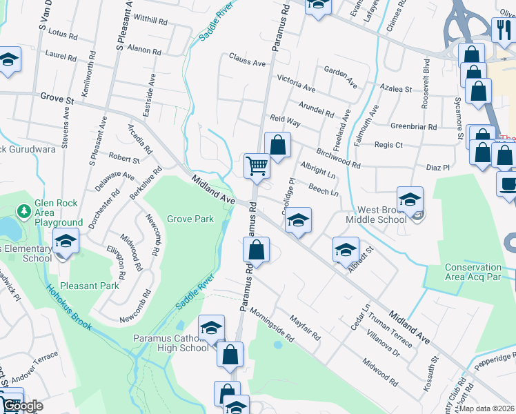 map of restaurants, bars, coffee shops, grocery stores, and more near 534 Paramus Road in Paramus