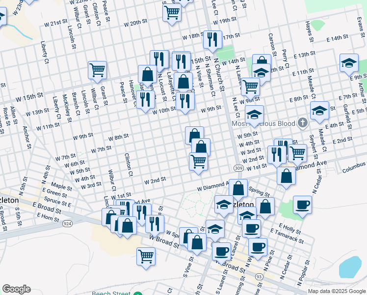 map of restaurants, bars, coffee shops, grocery stores, and more near 427 West 5th Street in Hazleton