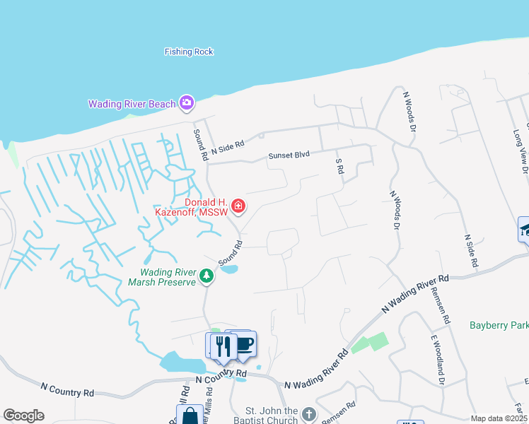 map of restaurants, bars, coffee shops, grocery stores, and more near 43 Emmetts Lane in Wading River