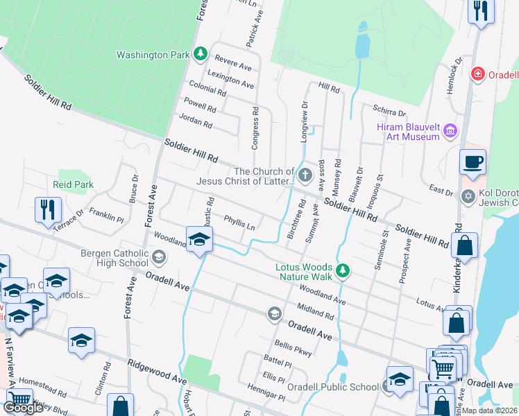 map of restaurants, bars, coffee shops, grocery stores, and more near 938 Wildwood Road in Oradell