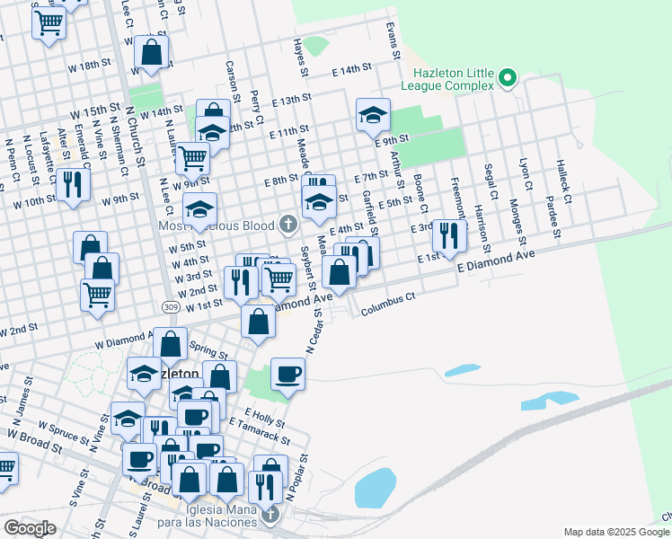 map of restaurants, bars, coffee shops, grocery stores, and more near 532 Hayes Street in Hazleton