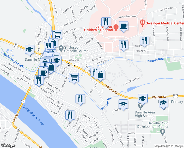 map of restaurants, bars, coffee shops, grocery stores, and more near 554 Nicholas Avenue in Danville