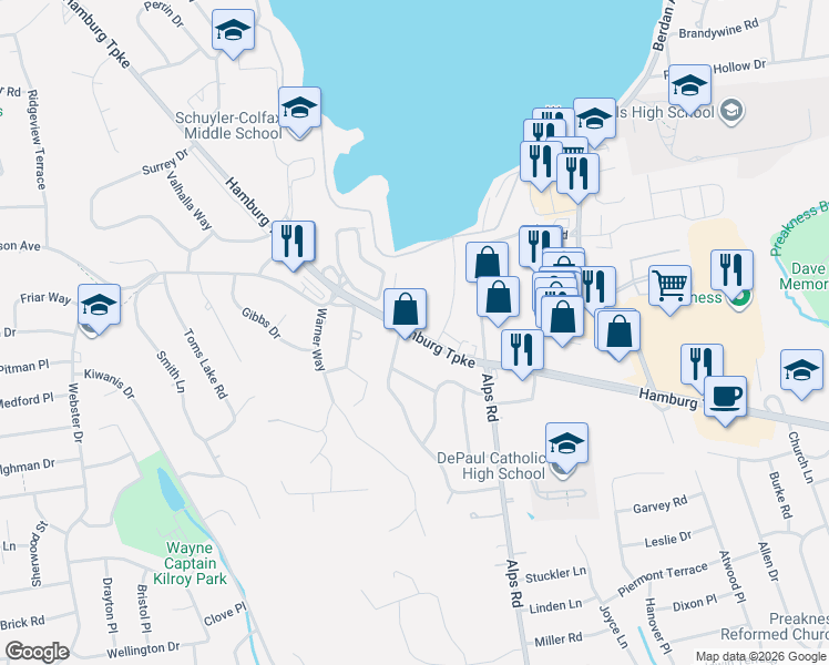 map of restaurants, bars, coffee shops, grocery stores, and more near Hamburg Turnpike in Wayne