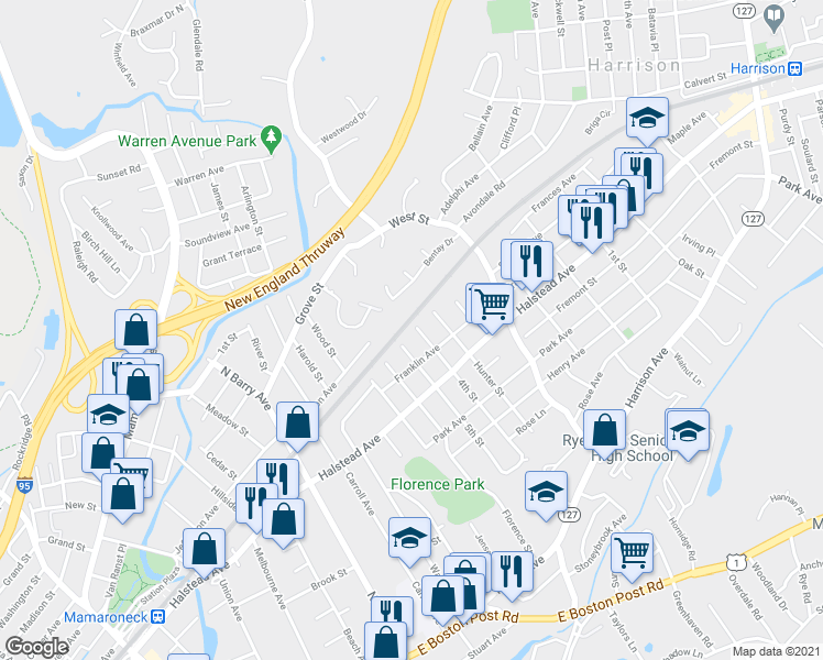 map of restaurants, bars, coffee shops, grocery stores, and more near 525 5th Street in Mamaroneck