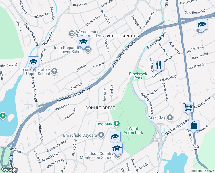 map of restaurants, bars, coffee shops, grocery stores, and more near 54 James Drive in New Rochelle