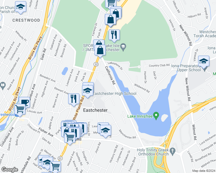 map of restaurants, bars, coffee shops, grocery stores, and more near 44 Water Street in Eastchester