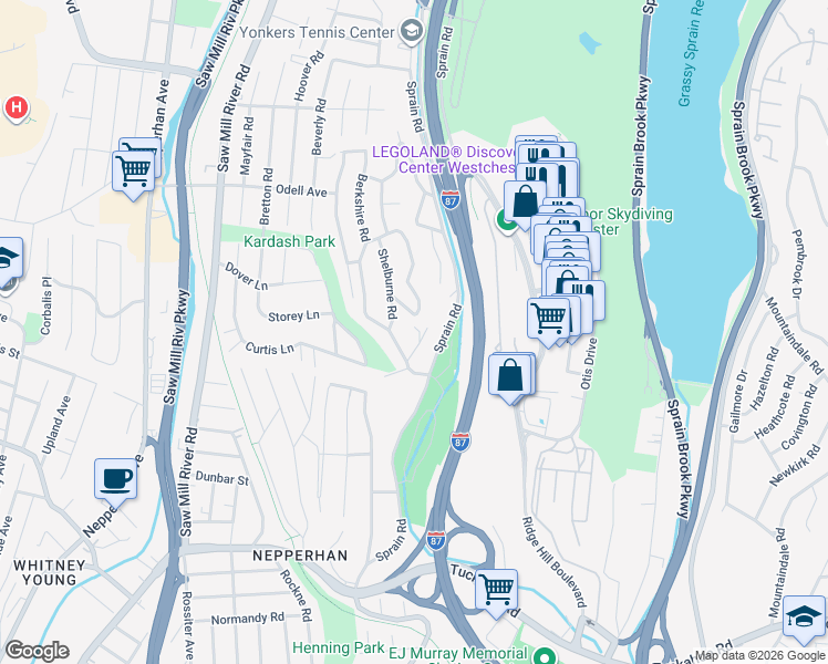 map of restaurants, bars, coffee shops, grocery stores, and more near 22 Middlesex Lane in Yonkers