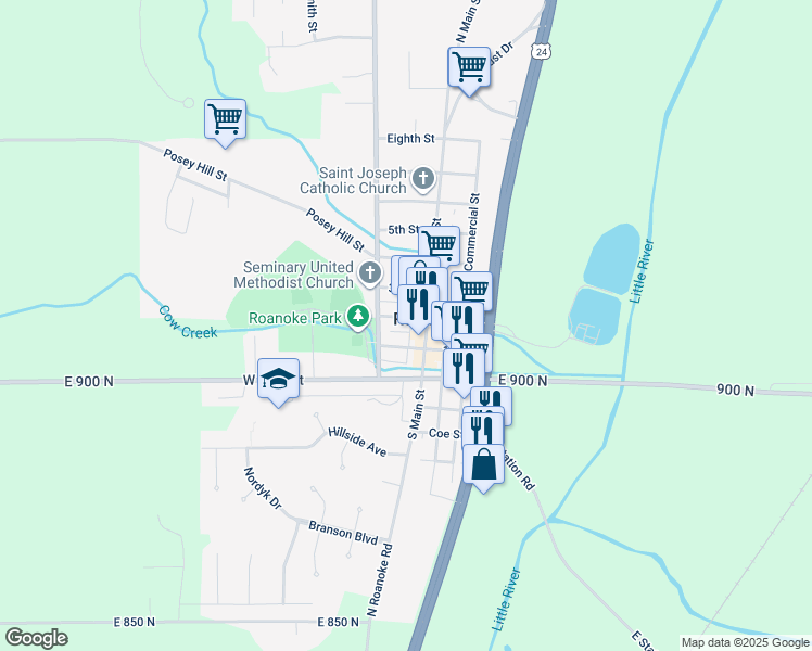 map of restaurants, bars, coffee shops, grocery stores, and more near in Roanoke