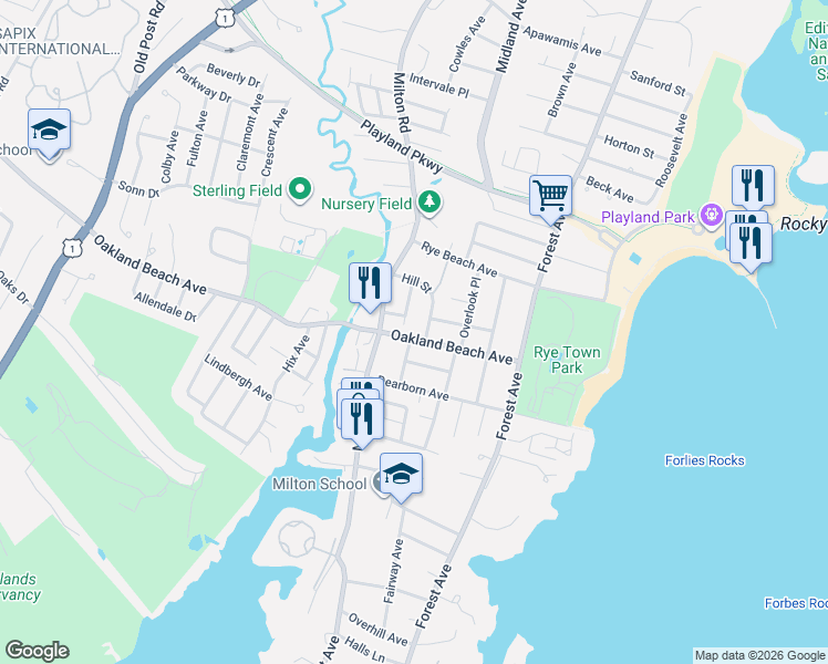 map of restaurants, bars, coffee shops, grocery stores, and more near 65 Hill Street in Rye