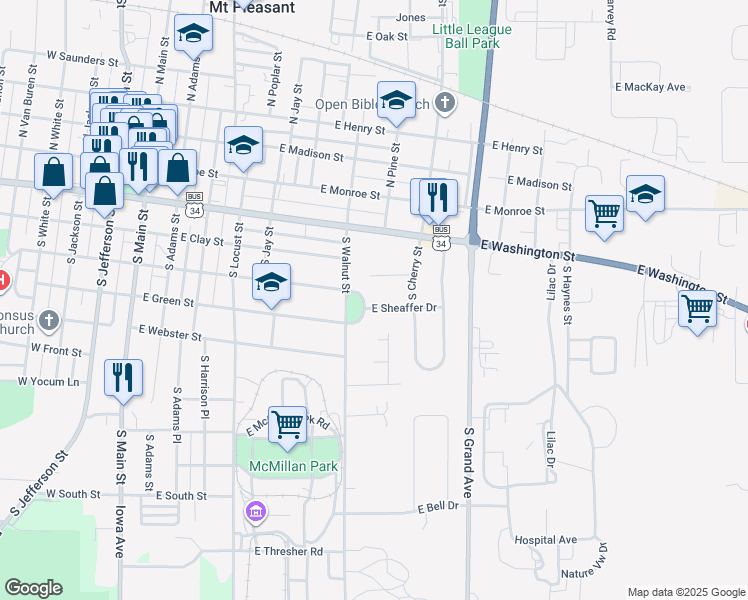 map of restaurants, bars, coffee shops, grocery stores, and more near 801 East Sheaffer Drive in Mount Pleasant