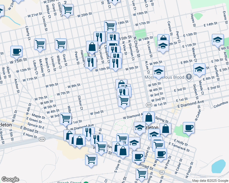 map of restaurants, bars, coffee shops, grocery stores, and more near 427 West 5th Street in Hazleton