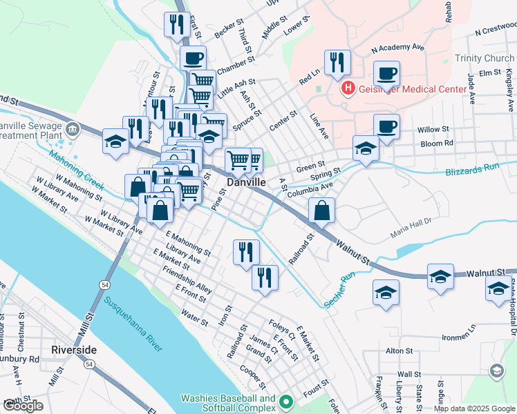 map of restaurants, bars, coffee shops, grocery stores, and more near 373 Lower Mulberry Street in Danville