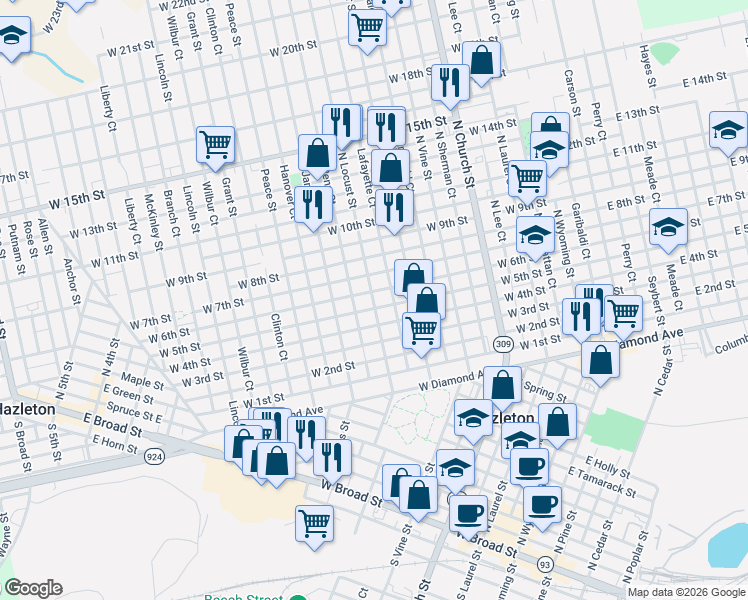 map of restaurants, bars, coffee shops, grocery stores, and more near 594-596 Lafayette Court in Hazleton