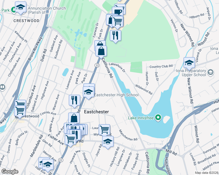 map of restaurants, bars, coffee shops, grocery stores, and more near 44 Water Street in Eastchester