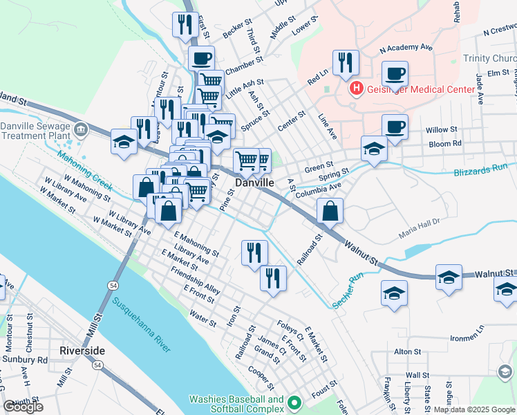 map of restaurants, bars, coffee shops, grocery stores, and more near 349 Lower Mulberry Street in Danville