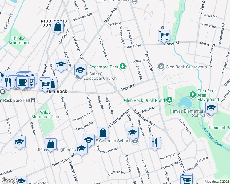 map of restaurants, bars, coffee shops, grocery stores, and more near 494 Rock Road in Glen Rock
