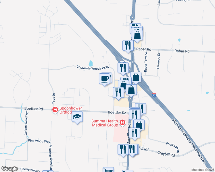 map of restaurants, bars, coffee shops, grocery stores, and more near 1700 Corporate Woods Parkway in Uniontown