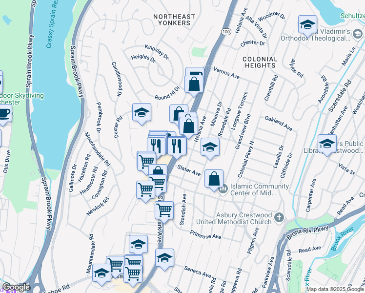 map of restaurants, bars, coffee shops, grocery stores, and more near Central Park Avenue & Melrose Avenue in Yonkers