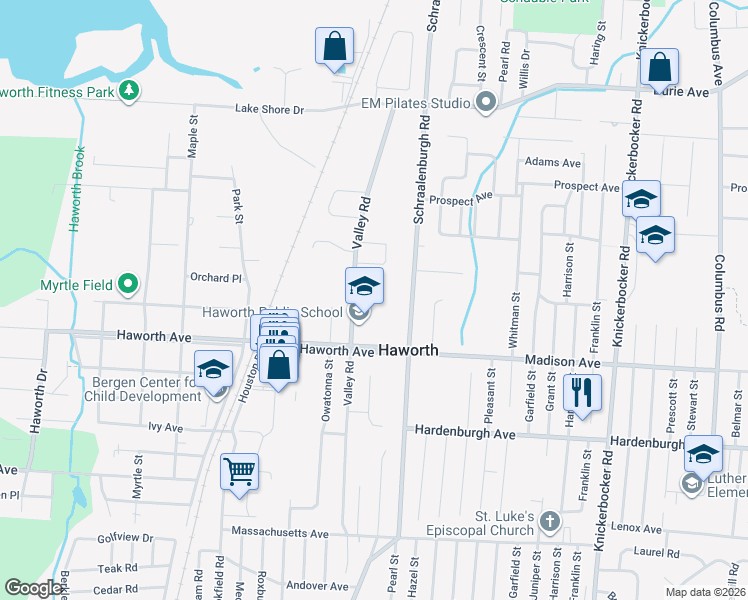 map of restaurants, bars, coffee shops, grocery stores, and more near 205 Valley Road in Haworth