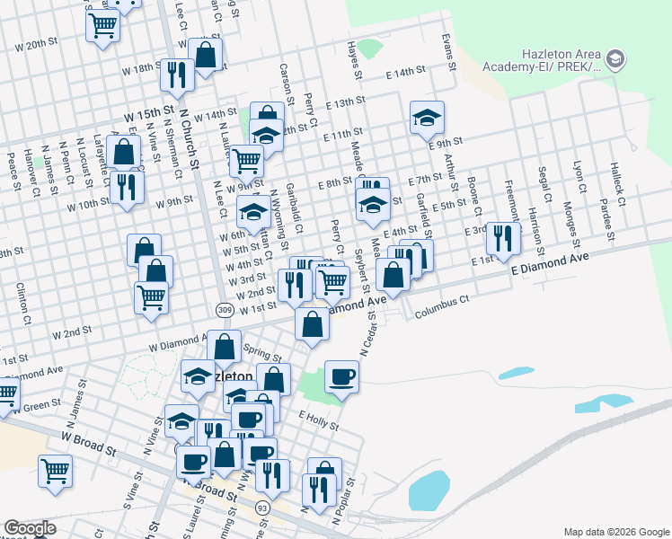 map of restaurants, bars, coffee shops, grocery stores, and more near 118 East 2nd Street in Hazleton