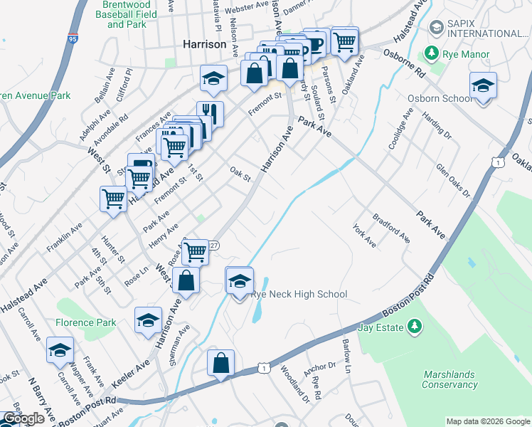 map of restaurants, bars, coffee shops, grocery stores, and more near 75 Harrison Avenue in Harrison