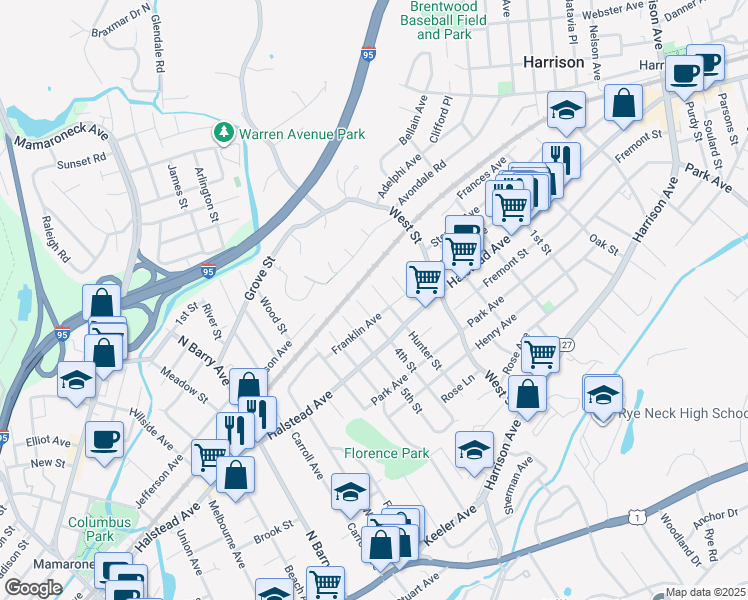 map of restaurants, bars, coffee shops, grocery stores, and more near 1414 Franklin Avenue in Mamaroneck