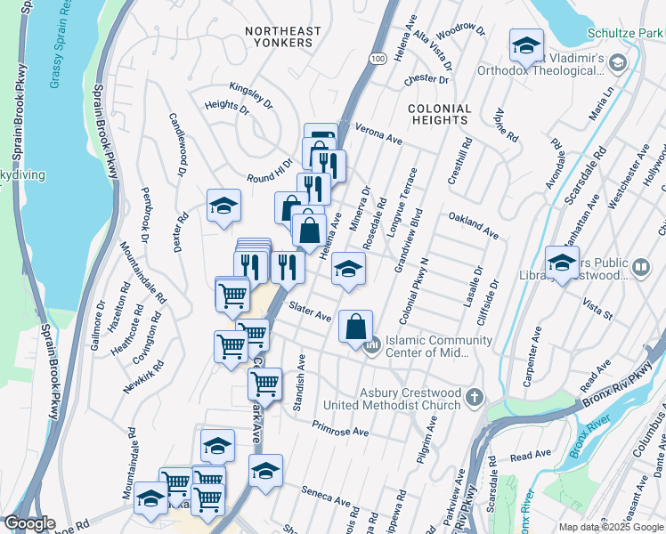 map of restaurants, bars, coffee shops, grocery stores, and more near 2 Minerva Drive in Yonkers