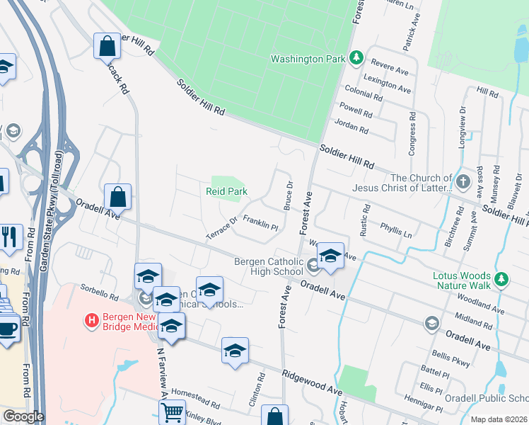 map of restaurants, bars, coffee shops, grocery stores, and more near 329 Franklin Place in Paramus