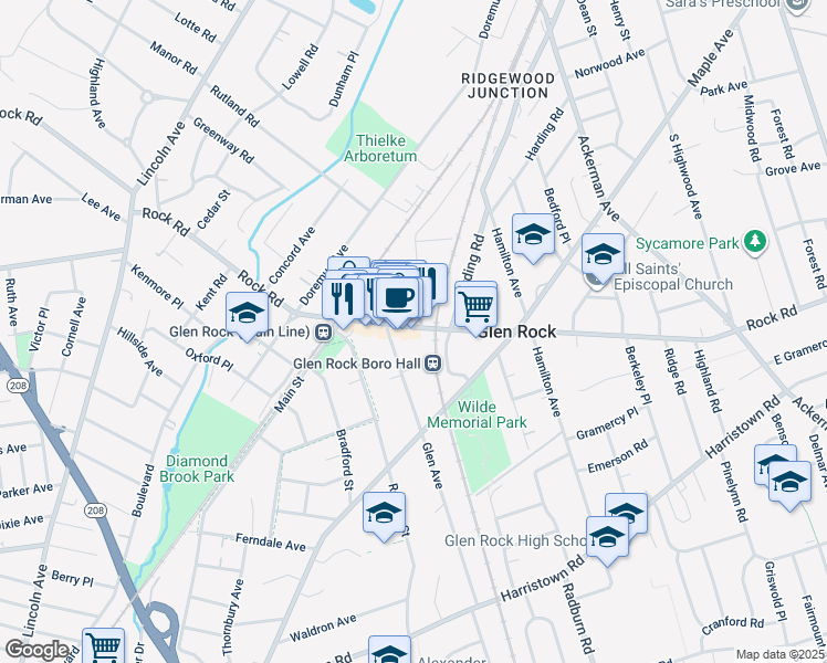map of restaurants, bars, coffee shops, grocery stores, and more near 229 Rock Road in Glen Rock