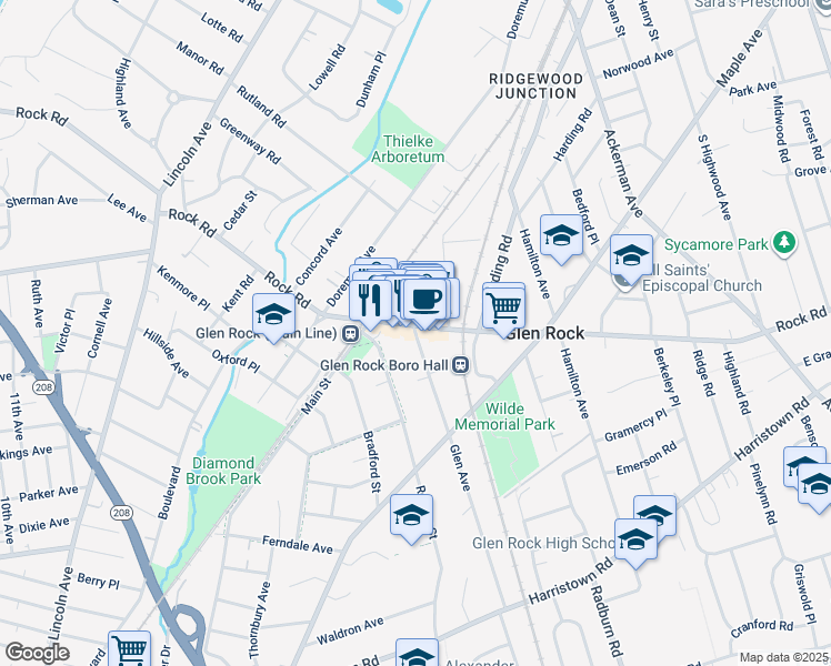 map of restaurants, bars, coffee shops, grocery stores, and more near 222 Rock Road in Glen Rock