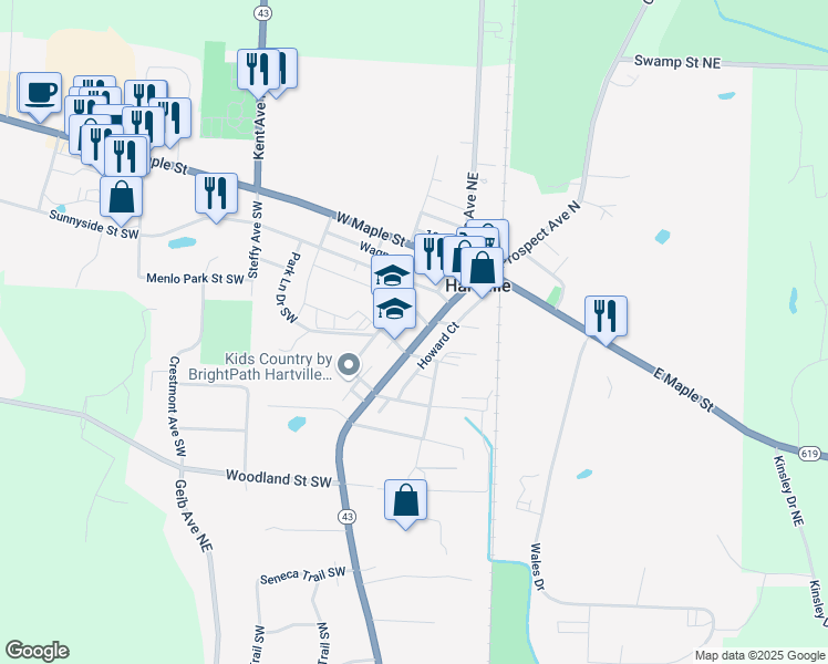 map of restaurants, bars, coffee shops, grocery stores, and more near 246 South Prospect Avenue in Hartville