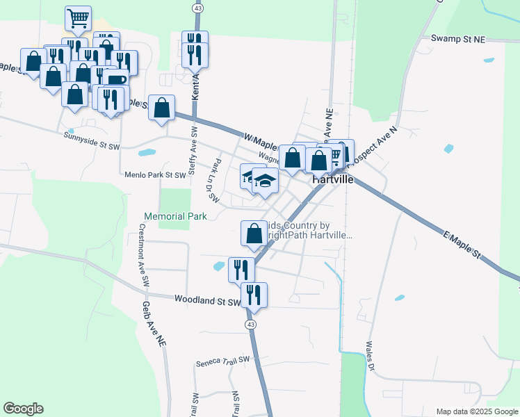 map of restaurants, bars, coffee shops, grocery stores, and more near 245 Belle Avenue Southwest in Hartville