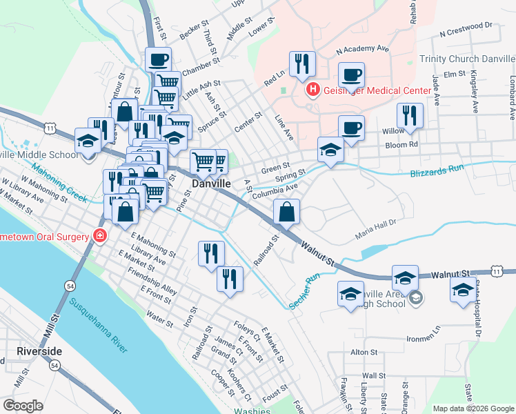 map of restaurants, bars, coffee shops, grocery stores, and more near 24 Nicholas Avenue in Danville