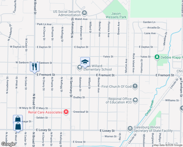 map of restaurants, bars, coffee shops, grocery stores, and more near 1199 Willard Street in Galesburg