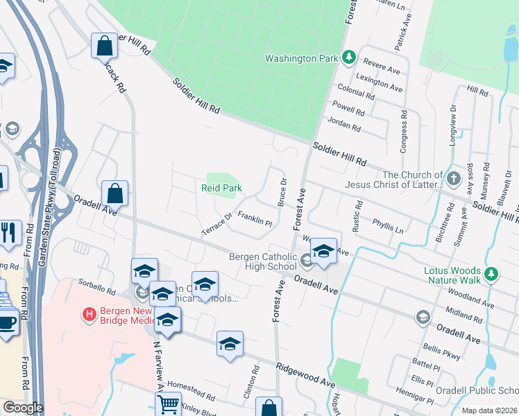 map of restaurants, bars, coffee shops, grocery stores, and more near 329 Franklin Place in Paramus