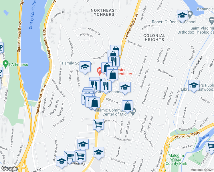 map of restaurants, bars, coffee shops, grocery stores, and more near 1853 Central Park Avenue in Yonkers