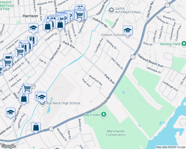 map of restaurants, bars, coffee shops, grocery stores, and more near 109 Bradford Avenue in Rye