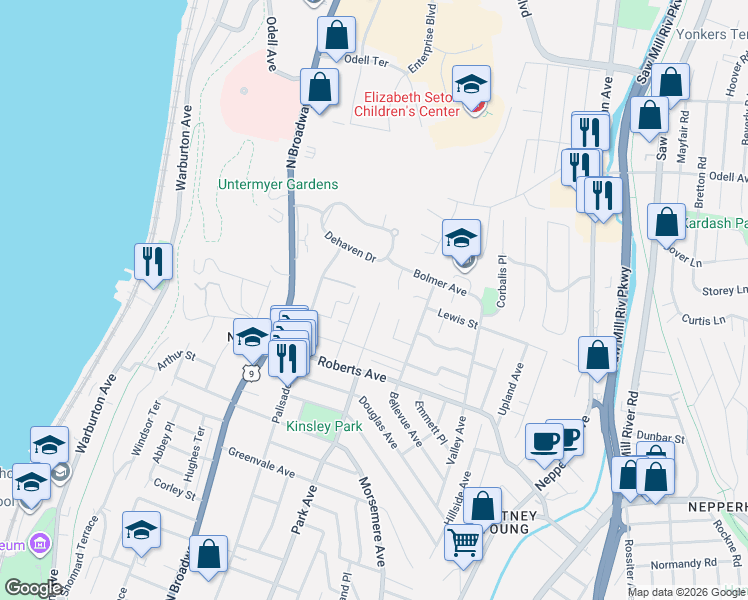map of restaurants, bars, coffee shops, grocery stores, and more near 632 Park Avenue in Yonkers